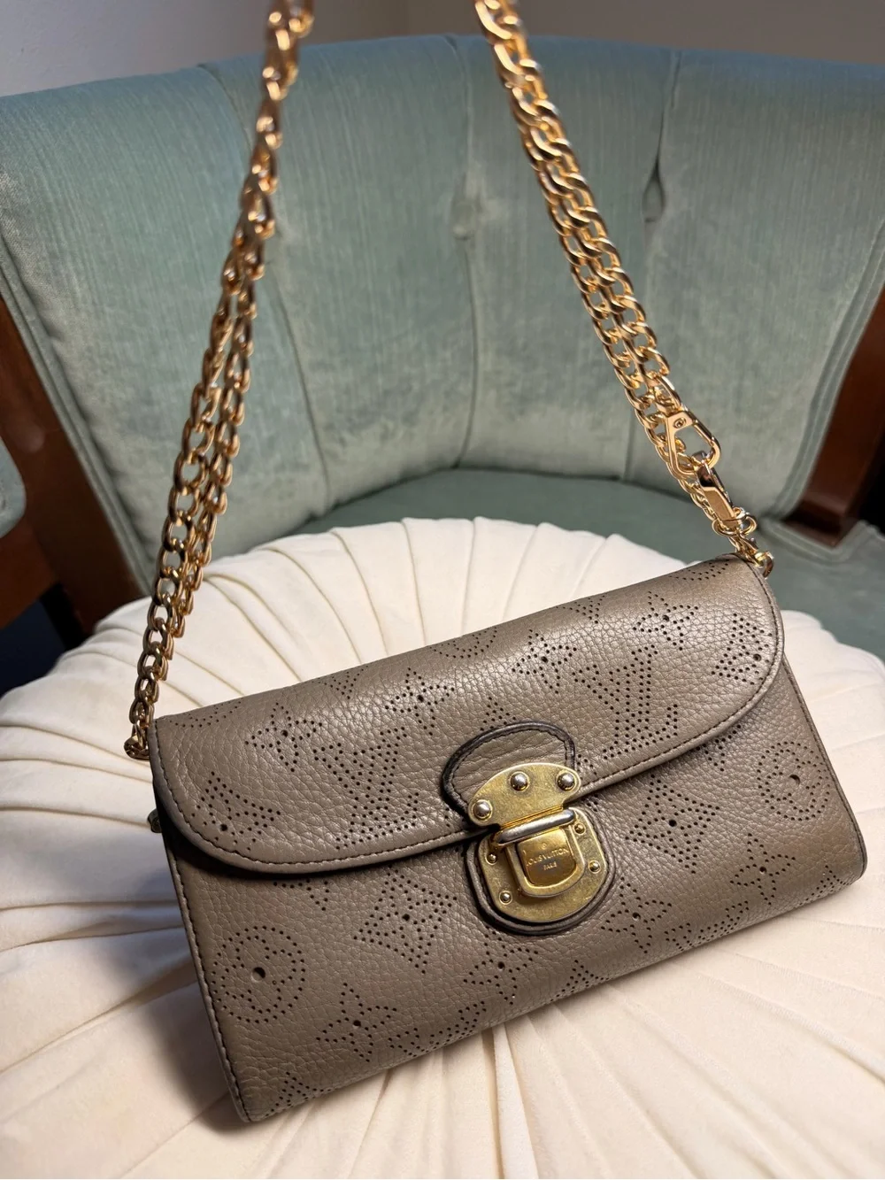 Louis Vuitton Taupe Perforated Monogram Leather Clutch with Gold Lock